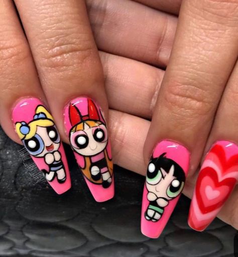 POWER PUFF GIRLS Burgendy Nails, Magenta Nails, 90s Nails, Girls Nail Designs, Bridesmaids Nails, Mauve Nails, Turquoise Nails, Maroon Nails, Gelish Nails