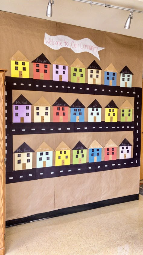 Community Bulletin Board Ideas Classroom, Neighborhood Bulletin Board Ideas, House Bulletin Board Ideas, Neighborhood Bulletin Board, Buildings Bulletin Board Ideas, It Takes A Village Bulletin Board, Community Bulletin Board Ideas, Town Bulletin Board, Building Classroom Community Preschool