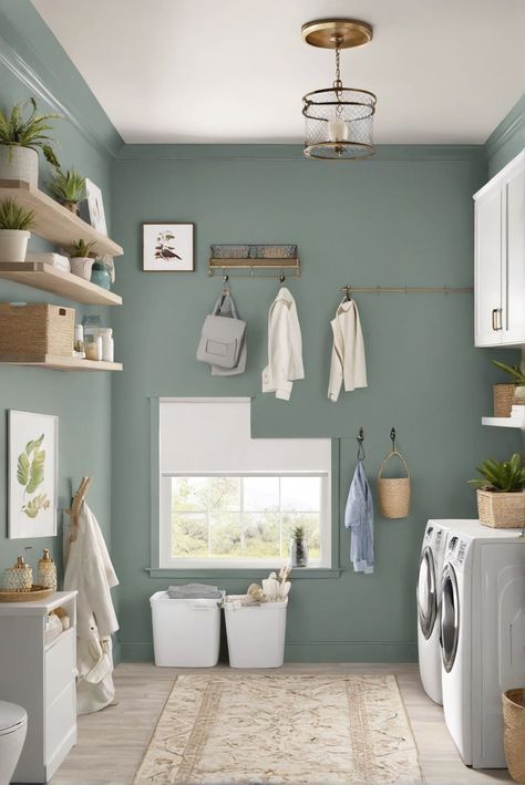 laundry room, makeover, paint colors, trendiest Mudroom Laundry Room Paint Color, Laundry Room Paint Colors With White Cabinets, Wall Color For Laundry Room, Laundry Room Wood Paneling, Behr Paint Colors For Laundry Room, Turquoise Laundry Room Ideas, Laundry Paint Ideas Wall Colors, Color Cabinets Laundry Room, Laundry Room Ideas Green Walls