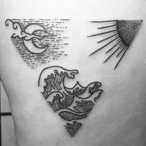 Sun Moon Sea Tattoo - Love this tattoo idea. So simple and small yet so much going on. Waves, clouds, sun-rays, etc. Zee Tattoo, Poem Tattoo, Tattoo Sonne, Sea Tattoo, Matching Tattoos, Skin Art, Piercing Tattoo, Love Tattoos, Tattoo Designs Men