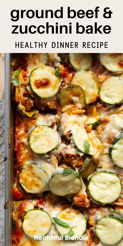 This easy ground beef casserole recipe with zucchini is rich, cheesy, and protein-packed. It's simple and delicious healthy comfort food that's lightened up with cottage cheese and filled with veggies. Perfect for a comforting weeknight dinner! Main Dish With Zucchini, Healthy Recipes With Squash, No Grain Dinner Recipes, What To Eat With Zucchini, Healthy Dinners Using Ground Beef, Zucchini Recipes Protein, Healthy Dishes With Ground Beef, Ground Beef Zucchini Mushroom Recipes, Easy Healthy Casserole Recipes Low Carb