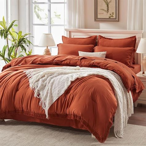 Amazon.com: Andency King Size Comforter Set with Sheets Burnt Orange - 7 Pieces Bed in a Bag Boho Soft Lightweight Bedding Sets, Terracotta Rust Tassel Bed Set with Comforter, Sheets, Pillowcases & Shams : Home & Kitchen Gray And Orange Bedroom, Comforter Sets Boho, King Size Comforter, King Size Comforter Sets, Orange Bedroom, King Size Comforters, Lightweight Bedding, Bed In A Bag, Bed Sets