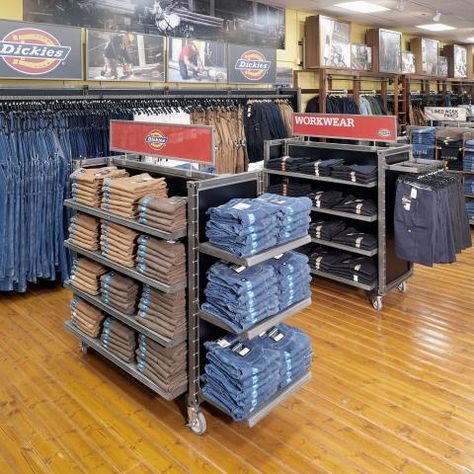 Williamson-Dickie Mfg. Co. at Whistle Workwear | OPTO Small Shop Interior, Workwear Store, Front Desk Design, Fashion Store Design, Clothing Store Displays, Jeans Store, Shirt Display, Storing Clothes, Clothing Store Interior