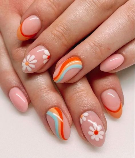 70s Nails Retro Almond, 70s Inspo Nails, Simple Nails Orange, 70s Nail Designs, 1980s Nails, Teacher Nails, Preppy Nails, Acrylic Nails Almond Shape, August Nails