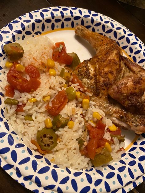 Air fried cornish hen, white rice, okra, corn, and tomatoes Okra Rice, Cornish Hen, Fried Okra, Cornish Hens, Okra, White Rice, Hen, Tomatoes, Corn