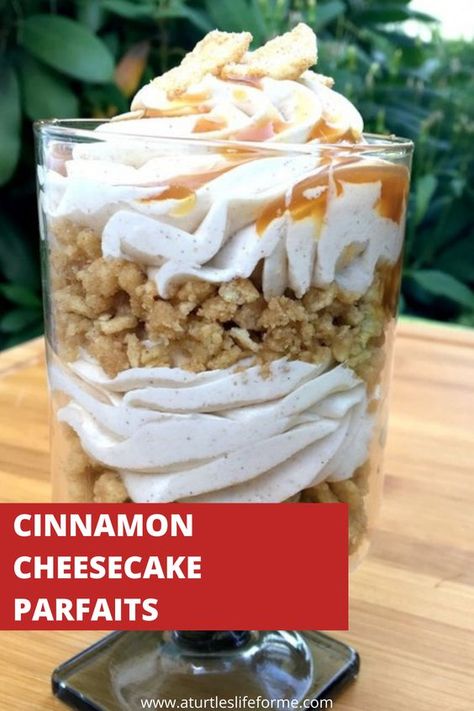 These Cinnamon Cheesecake Parfaits whip up in just a few minutes and are so refreshing! Cooking Vibes, Food Truck Desserts, Cheesecake Parfait, Cinnamon Cheesecake, Cinnamon Roll Cheesecake, Cheesecake Parfaits, Parfait Desserts, Cinnamon Twists, Healthy Cheesecake