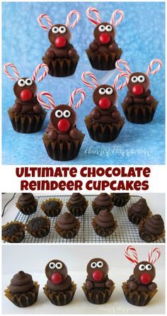 Chocolate Cupcakes With Peanut Butter, Chocolate Reindeer, Reindeer Cupcakes, Christmas Cupcakes Recipes, Ganache Frosting, Peanut Butter Cup, Xmas Food, Christmas Cupcakes, Christmas Cooking