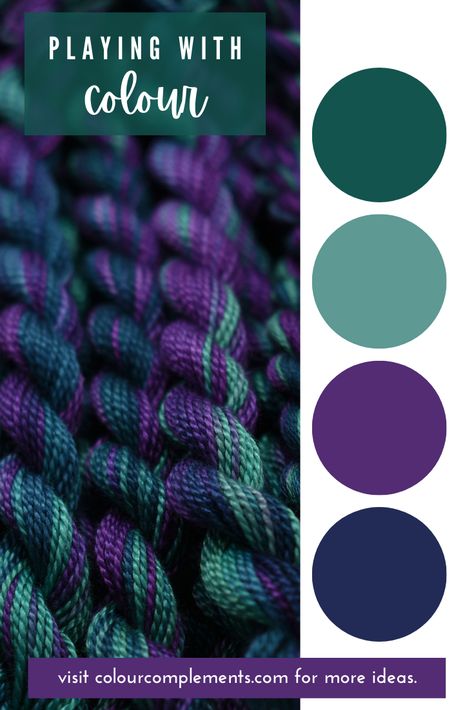 The Perle cotton thread is great for adding texture to your projects. The colours are subtle and complement each other beautifully. $4.50 - 5.75 USD Visit our website for more: https://colourcomplements.com/product/teal-purple-perle-cotton-colour-complements-hand-dyed-186. #colourcomplements #handdyedthreads #artsandcrafts #needlepoint Navy Teal Purple Color Scheme, Royal Purple Color Scheme, Purple Goes With What Color, Colors That Complement Purple, Dark Green Purple Color Palette, Teal And Purple Bedroom Ideas, Purple And Navy Bedroom, Emerald And Purple Bedroom, Teal Green Colour Combination