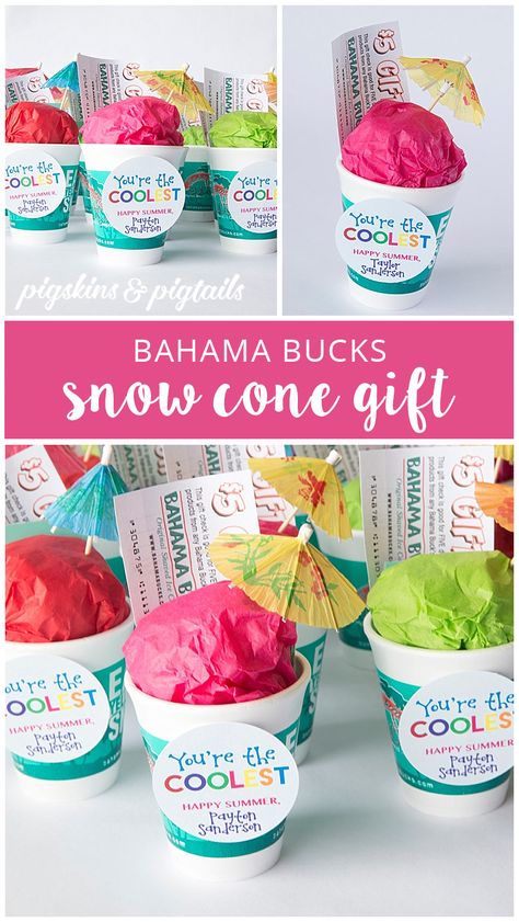 Bahama Bucks Snow Cone Gift Certificate Idea for Teacher Appreciation Week Kids Gifts For Parents, Diy Kids Gifts, Bahama Bucks, Summer Gift Baskets, Staff Appreciation Gifts, Sno Cones, Boyfriend Gift Basket, Teacher Treats, Gifts For Parents