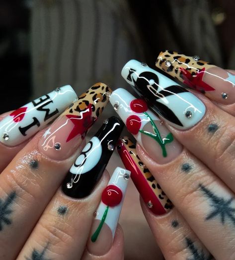 Leopard Print Nail Designs, Cherry Vibes, Leopard Print Nail, Long Coffin Nails, Summer To Autumn, Nail Looks, Autumn Nail, Leopard Print Nails, Edgy Nails