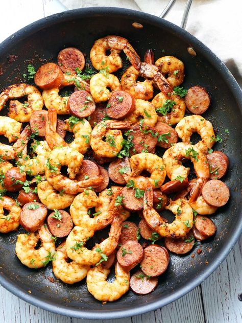 Conecuh Recipes, Shrimp And Smoked Sausage Recipes, Shrimp And Sausage Recipes, Cajun Skillet, Sausage And Shrimp Recipes, Garlic Herb Shrimp, Kielbasa Skillet, Lowcarb Meals, Healthy Sausage Recipes