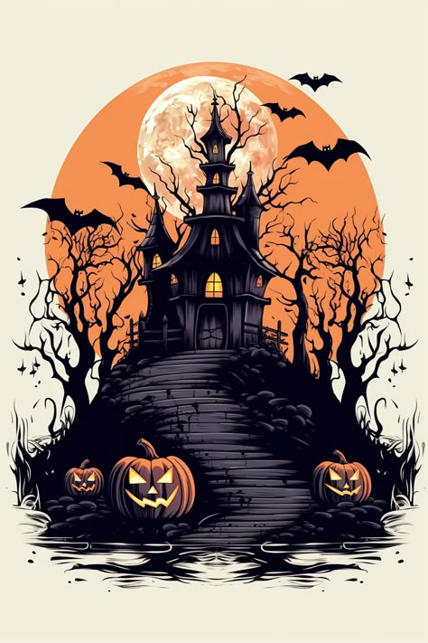 Minimalist Sticker, Halloween Castle, Haunted House Diy, Halloween Artwork, Iphone Wallpaper Fall, Logo Gallery, Halloween Trees, Halloween Haunted Houses, Dark Art Illustrations