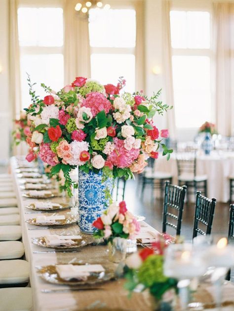 Pink Flowers In Blue And White Vase, Dusty Blue And Bright Pink Wedding, Blue And Bright Pink Wedding, Pink And Green Wedding Florals, Bright Pink Wedding Flowers, Pink And Blue Wedding Flowers, Pink Hydrangea Centerpieces, Green Hydrangea Wedding, Periwinkle Wedding