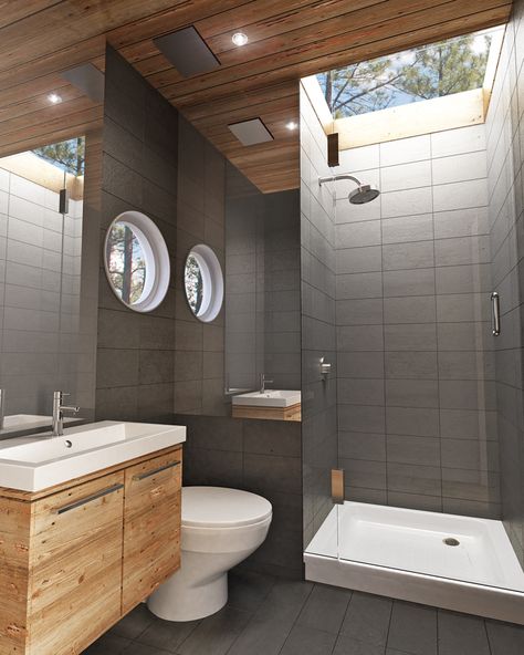 Shipping Container for Small Bathroom | Bathroom. Note skylight over shower. Round Windows, Prefab Container Homes, Container Buildings, Building A Container Home, Container Architecture, Casa Container, Shipping Container House, Container Design, Container House Design