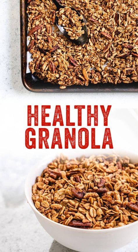 Want a healthy granola recipe that's actually healthy? Here's a healthy homemade granola that's low calorie and still nutrient dense.﻿ #granola #healthy #recipe #breakfast #mealprep Granola Healthy Recipe, Healthy Granola Recipe, Nut Free Granola, Healthy Homemade Granola, Homemade Granola Healthy, Granola Recipe Healthy, Paleo Granola, A Couple Cooks, Easy Granola