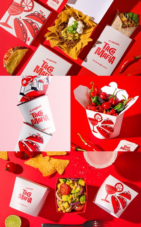 Tacos Packaging Ideas, Mexican Food Packaging Design, Branding Food Design, Mexican Food Packaging, Red Packaging Design, Restaurant Packaging Design, Food Box Packaging Design, Red Branding Design, Taco Packaging