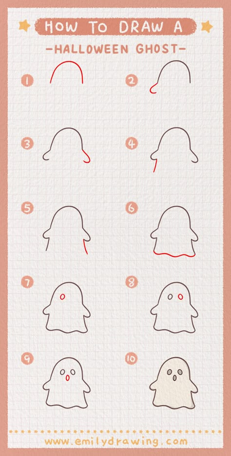 Learn how to draw a Halloween ghost in this easy-to-follow step-by-step guide, whether you like cute cartoon a Halloween ghost or want to stay true to tradition. - Enjoy Art and have fun being creative and becoming an artist! ❤ Ez Drawings, Ghost Drawings, Easy Halloween Drawings, Doodle Art For Beginners, Ghost Drawing, Easy Drawings For Kids, Being Creative, Easy Doodle Art, Easy Art