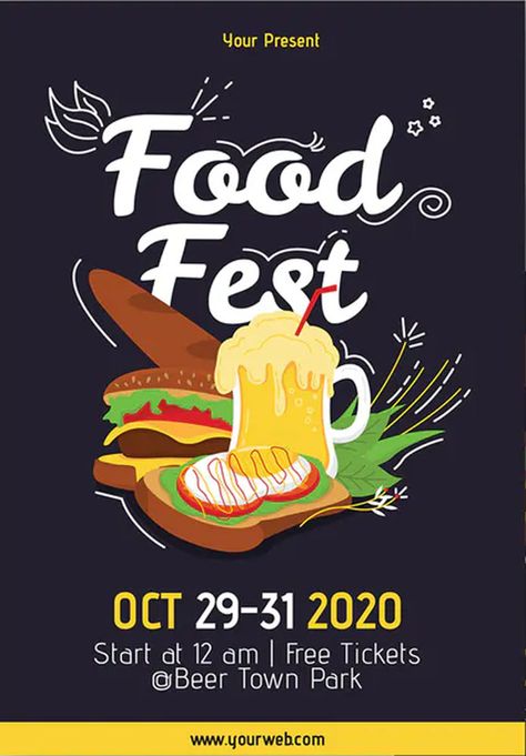 Food Festival - Poster Template. EPS, AI, PSD. A3 Size (297 x 420mm) Bleed. 300 dpi, CYMK Print Ready. Easily customizable (text, color, image and all). Smart Object ready. Organized Layers and Folders. Food Fest Poster Design, Food Festival Logo Design, Foodfest Poster, Food Fair Poster, Food Event Poster, Street Food Poster, Food Festival Branding, Food Festival Design, Poster For Event