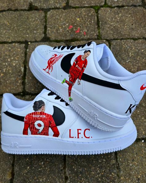 Painted for @darwin_n9 fan, Kyle ⚽️❤️ #Gitartsy #CustomSneakers #liverpoolfc #Liverpool #LFC #darwinnuñez #darwinnunez #dn9 #Nikeaf1 #AF1 #customaf1 Custom Af1, Custom Sneakers, Liverpool Fc, Cartoon Wallpaper, Liverpool, London, Fan, Sneakers