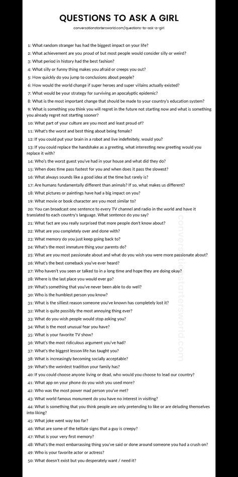 100 Random Questions, Savage Questions To Ask, Questions To Make Someone Fall For You, Food Questions To Ask, Things To Talk About With Your Gf, Really Deep Questions, Deep Questions To Ask Your Crush, Conversation Starters Texting Crush, Girl Talk Questions