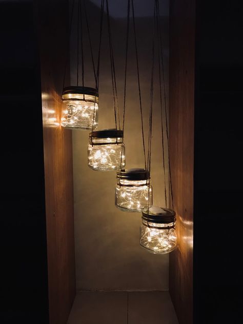 hanging lights in mason jar Diy Mason Jar Lights, Mason Jar Lights, Hanging Jars, Light Drinks, Herb Wall, Industrial Diy, Diy Mason Jar, College House, Sweet Jars