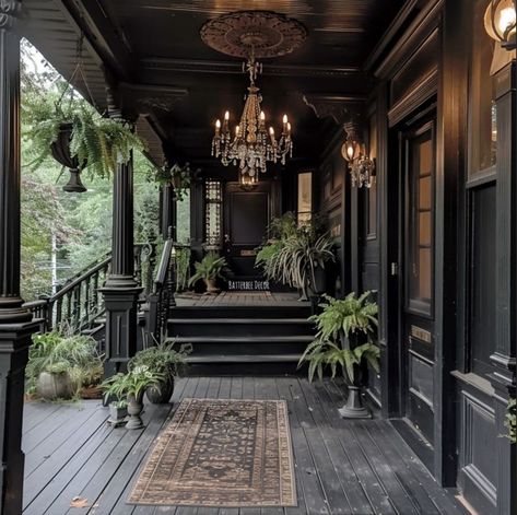 Goth Exterior Home, Gothic Ranch House, Goth Porch, Gothic Patio, Gothic Victorian House Interior, Mossy Wreath, Gothic Victorian House, Cottage Halloween, Gothic Farmhouse