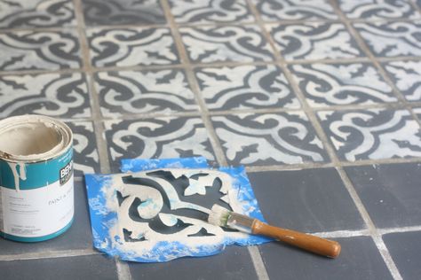 faux encaustic tile.  hand painted and stenciled. #stencil #paintedfloor Painting Outdoor Tile Front Porches, Faux Encaustic, Tile Porch, Fireplace Paint, Fireplace Makeovers, Painted Porch, Stencil Concrete, Outdoor Tile, Diy Shelf