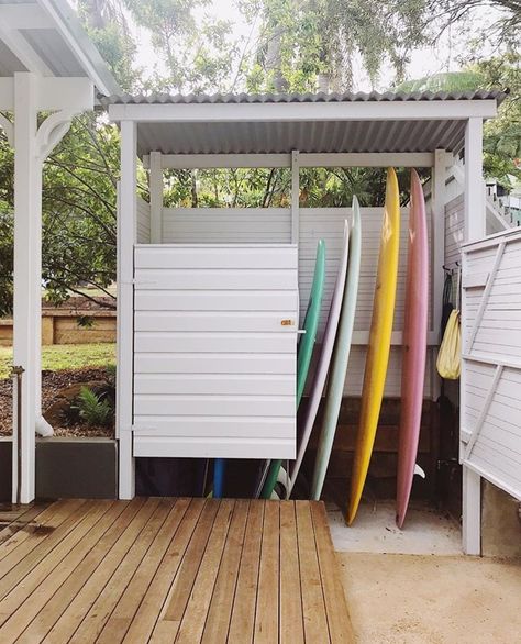 Beach House Storage, Surf Bungalow, Paddle Board Storage, Bungalow Conversion, Courtney Adamo, Surfboard Storage, Surfboard Rack, Vista House, Kayak Storage