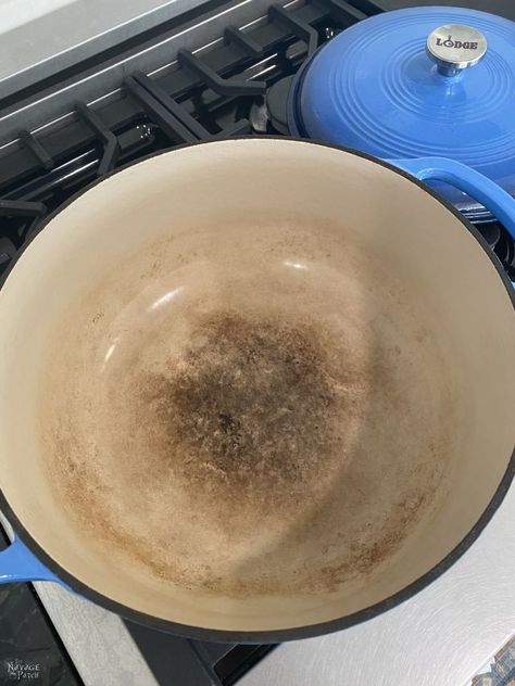 How to remove stains from enameled cast iron | How to remove stains from Le Creuset | How to clean enameled cast iron | The easy way to clean Le Creuset | How to get tough stains out of enameled cast iron | Easy stain remover | The best way to clean enameled cast iron | Simple trick for removing stains from Le Creuset | Simple trick for cleaning enameled cast iron | #TheNavagePatch #EnameledCastIron #StainRemoval #LeCreuset #HowTo #Tutorial | TheNavagePatch.com Cleaning An Enamel Dutch Oven, How To Clean Stained Corningware, How To Clean Porcelain Cast Iron Pot, Cleaning Enameled Cast Iron, Cleaning Le Creuset Dutch Oven, Cleaning Dutch Oven, Clean Le Creuset Dutch Oven, How To Clean Enamel Cast Iron, How To Clean Enamel Dutch Oven