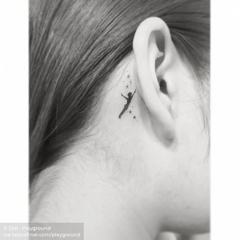 Peter Pan tattoo behind the right ear. Peter Pan Ear Tattoo, Peter Pan Behind The Ear Tattoo, Behind The Ear Tattoo Ideas Disney, Disney Ear Tattoo, Peter Pan Tattoo Ideas, Disney Tattoos Peter Pan, Peter Pan Tattoos, Pan Tattoo, 21 Tattoo