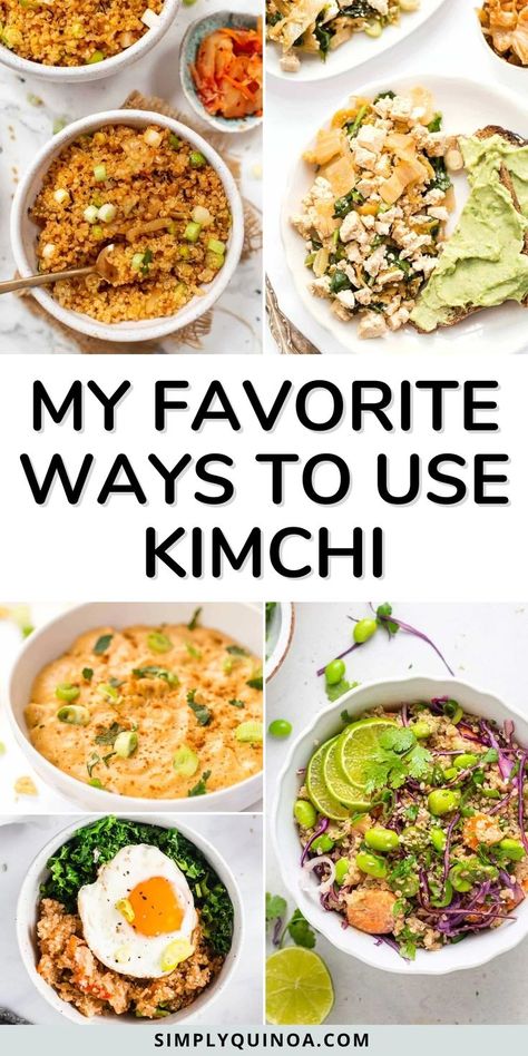 Learn how to use kimchi in your recipes. Kimchi pairs well with a variety of foods and flavors. Some common pairings include grilled meat, rice dishes, tofu, and seafood. The spicy, tangy flavors of kimchi also go well with rich or creamy dishes to balance out the flavors. These recipes either use kimchi as an ingredient or they can be served with kimchi as an accompaniment. Hummus Flavors, Kimchi Recipes, Kimchi Recipe, Simply Quinoa, Creamy Recipes, Grilled Meats, Healthy Snack Recipes, Fermented Foods, Grilled Meat