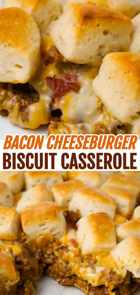 Bacon Cheeseburger Biscuit Casserole is an easy ground beef dinner recipe loaded with diced onions, condensed cheddar cheese soup, ketchup, mustard, crumbled bacon and shredded cheese all topped with pieces of Pillsbury biscuits. Condensed Cheddar Cheese Soup, Easy Ground Beef Dinner, Biscuit Casserole, Ground Beef Dinner, Biscuits Casserole, Pillsbury Biscuits, Ground Beef Casserole Recipes, Dinners Easy, Easy Ground Beef