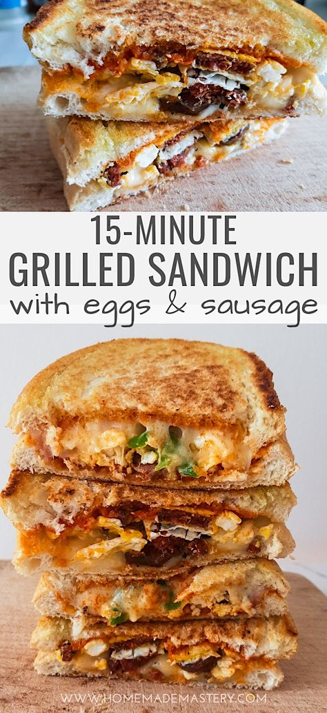 Egg And Sausage Sandwich, Sausage Egg And Cheese Sandwich, Simple Grilled Cheese, Gourmet Sandwiches Recipes, Sausage Egg Sandwich, Grilled Breakfast, Sausage Sandwich Recipes, Egg And Sausage, Gourmet Grilled Cheese Sandwich