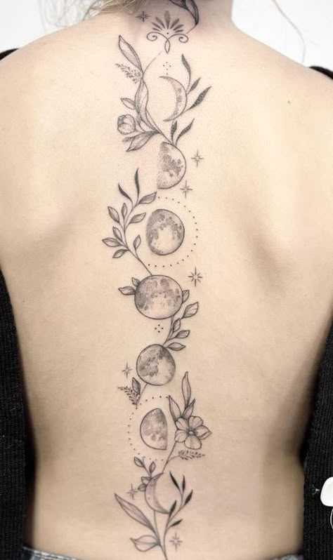 Pagan Spine Tattoos For Women, Lotus And Moon Spine Tattoo, Moon Phases Tattoo Lower Back, Spiritual Body Tattoos, Patchwork Moon Tattoo, Phase Of Moon Tattoo, Celestial Blackwork Tattoo, Moon Phases With Stars Tattoo, Cute Tattoos Big