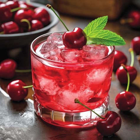 Graphic depiction of a beverage Cherry Cobbler Cherry Cocktail Recipes, Ice Cocktails, Brandy Cocktails, Desserts In A Glass, Cherry Syrup, Cherry Brandy, Cherry Cocktail, Raspberry Syrup, Cherry Cobbler