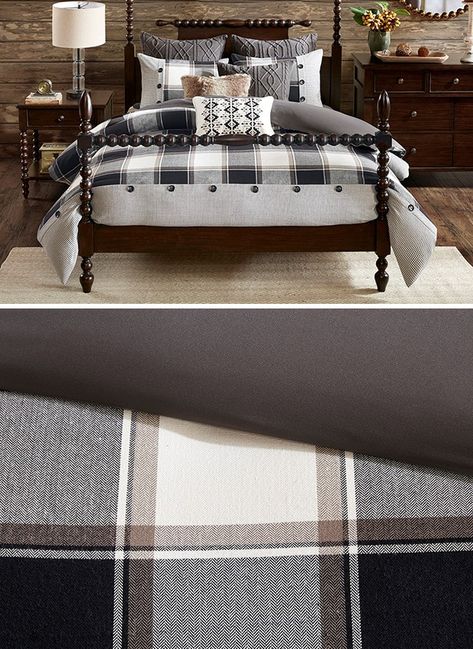 Casual Cabin Comforter Set Romantic Cabin Bedroom, Bedroom Industrial Chic, Cabin Living Room Decor, Tahoe House, Mountain Cabin Decor, Cabin Vibes, Cabin Chic, Black Comforter, Plaid Bedding