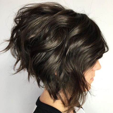 Wavy Inverted Dark Brown Bob Stacked Hairstyles, Inverted Long Bob, Inverted Bob Haircuts, Inverted Bob Hairstyles, Stacked Bob, Layered Bob Haircuts, Stacked Bob Haircut, Choppy Bob Hairstyles, Inverted Bob