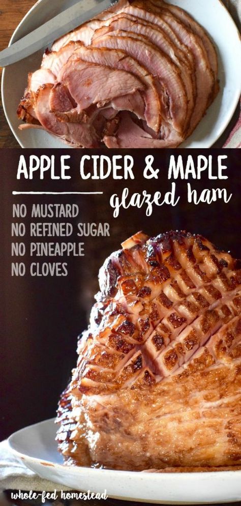 Thanksgiving Ham Recipes, Maple Glazed Ham Recipes, Maple Ham, Healthy Ham, Smoked Ham Recipe, Apple Cider Glaze, Thanksgiving Ham, Ham Sauce, Maple Glazed Ham