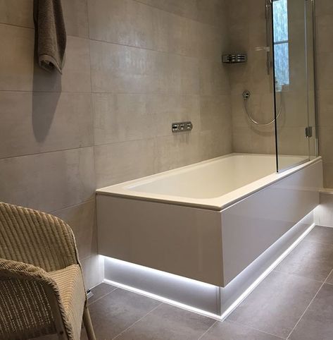 Here is a shot from a recently completed bathroom project supplied and fitted by EGB&K  LED strip lighting has been used under the bath to create a floating effect  Let us know what you think!  #EGBK #EGBKinstallations #bathroom #bathroominstall #bathroomdesign #bathroomdecor #LED #LEDstrip #bath #shower #design #decor #designideas #inspiration #soak #relax #lighting #interior #interiordesign #eastgrinstead #forestrow #sussex #surrey #kent #egbandk Strip Lighting Bathroom, Cool Bathrooms With Led Lights, Shower Strip Light, Bathroom Led Strip Lighting, Led Strip Around Bathroom Mirror, Bath Tub Lighting, Bathtub Lighting, Bath Tube, Tub Lighting