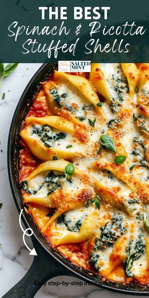 Enjoy a delicious and easy dinner recipe with spinach and ricotta stuffed shells. This vegetarian dish combines 3 cheeses, garlic, and Italian seasoning, all baked with marinara sauce. Perfect stuffed pasta shells for any night! Stuffed Shells With Spinach, Spinach And Ricotta Stuffed Shells, Pasta Recipes Easy Fast, Ricotta Stuffed Shells, Spinach Stuffed Shells, Quick Delicious Dinner, Stuffed Shells Ricotta, Spinach And Ricotta, Dinner Simple