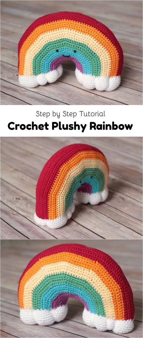 Crochet Plushy Rainbow Rainbow Crochet Blanket Pattern, Crochet Blanket Rainbow, Crochet Pillow Patterns Free, Rainbow Pillow, Doll Plushies, Baby Crochet Patterns Free, Crochet Pillow Pattern, Crochet Pillows, Rainbow Crochet