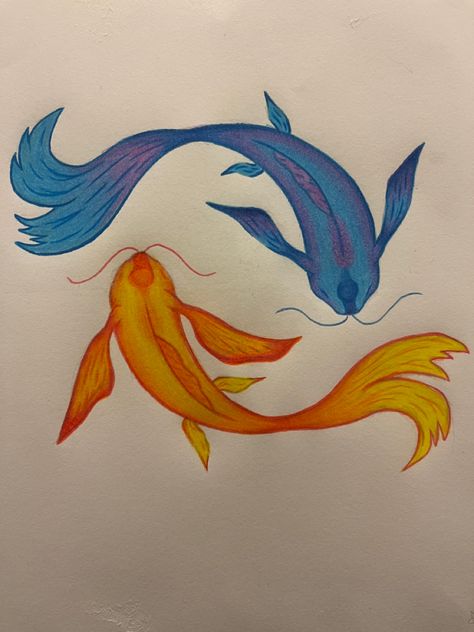 Inspired by avatar the last airbender, these yin yang fish are full of color. Warm and cool color opposites. Cool And Warm Colours Paintings, Yin Yang Fish, Koi Fish Drawing, Japan Tattoo Design, Balance Art, Canvas Drawing, Fish Drawings, Doodle Art Designs, Amazing Art Painting