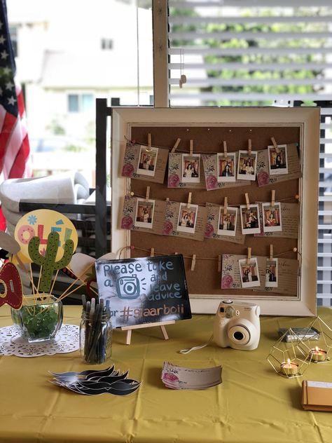 Polaroid Picture Station, Polaroid Bridal Shower Ideas, Polaroid Pictures Wedding Display, Marriage Advice Bridal Shower Ideas, Polaroid Picture Station Party, Polaroid Wall Wedding Display Photos, Wedding Entry Table Polaroid, Barbeque Wedding, Wedding Welcome Table