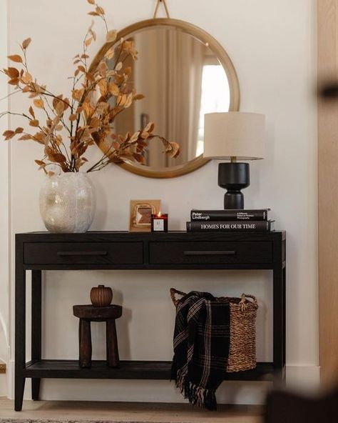 Fall Entry Table Decor, Fall Entry Table, Black Entryway Table, House Corridor, Hallway Table Decor, Fall Entryway Decor, Lone Fox, Entry Console Table, Entry Table Decor