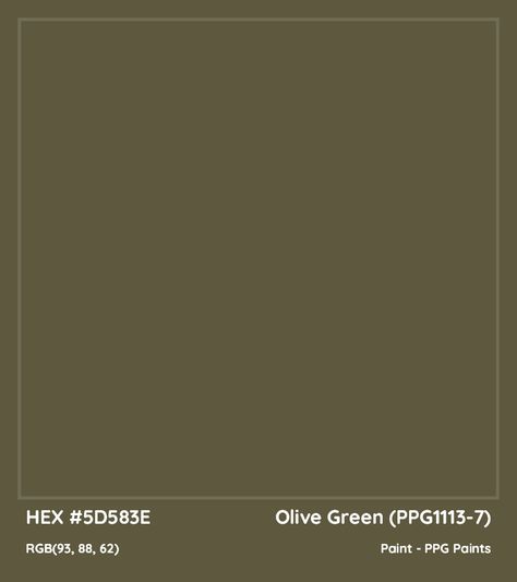 HEX #5D583E Olive Green (PPG1113-7) Paint PPG Paints - Color Code Olive Green Hex Code, Olive Color Palette, Green Hex Code, Ppg Paint Colors, Bedroom 2022, Munsell Color System, Analogous Color Scheme, Paint Color Codes, Rgb Color Codes