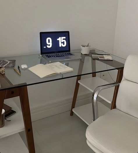 Glass Standing Desk, Glass Desk In Bedroom, Glass Desk Bedroom, Glass Desk Aesthetic, Glass Desk Ideas, Glass Study Table, Glass Desk Office Decor, Room Aestethic, Palace Decor