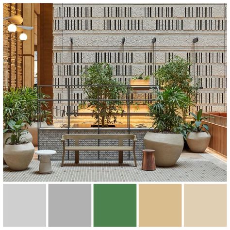 Biophilic design features plants, natural materials and colours inspired by nature, set within an underlying neutral colour scheme. Research indicates that we have an innate affinity with nature, which can have a calming, rejuvenating impact. Colour illustration by Zena O’Connor, PhD © Design Research Associates, featuring 161 Collins Street, Melbourne, designed by Bates Smart. Biophilic Design Color Palette, Biophilic Color Palette, Punjab House, Wabi Sabi Color Palette, Wabi Sabi Color, Biophilic Interior, Biophilic Architecture, Natural Office, Colour Illustration