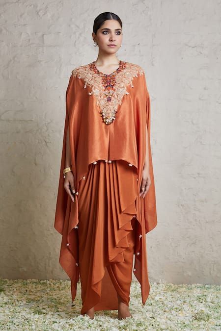 Buy Orange Kaftan Silk Embroidered Dori V Neckline And Dhoti Skirt Set For Women by Prisho Online at Aza Fashions. Orange Kaftan, Rust Orange Dress, Dhoti Skirt, Om Ganesh, Kaftan Pattern, Payal Singhal, Mehendi Outfits, Latest Dress Design, Pearl Embroidery