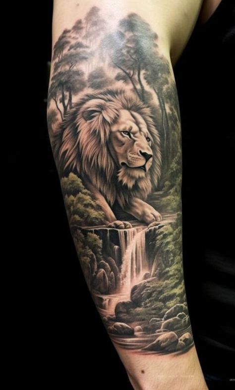 Waterfall Tattoo Forearm Lion Forest Tattoo, Forest Lion Tattoo, Lion And Mountain Tattoo, Waterfall Tattoo Sleeve, Animal Forearm Tattoo, Waterfall Tattoo Ideas, Mountain Lion Tattoo, Waterfall Tattoos, Mountain Sleeve Tattoo