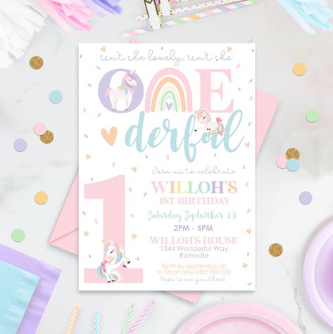 RAINBOW UNICORN 1st Birthday Invitation Editable Isnt She Lovely Isnt She Onederful Invitation Digital Modern Rainbows and Unicorns Party - Etsy Unicorn 1st Birthday, Rainbows And Unicorns, Unicorn Birthday Party, Modern Rainbow, 1st Birthday Invitation, Isnt She Lovely, Unicorn Theme, 1st Birthday Invitations, Unicorn Birthday Parties